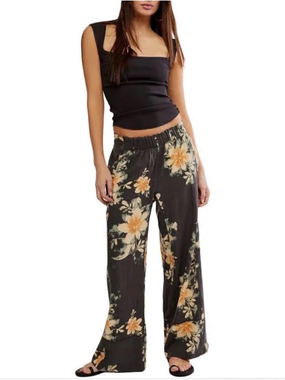 Free People Days End Black Wide-Leg Floral Pants with Yellow Blooms size M